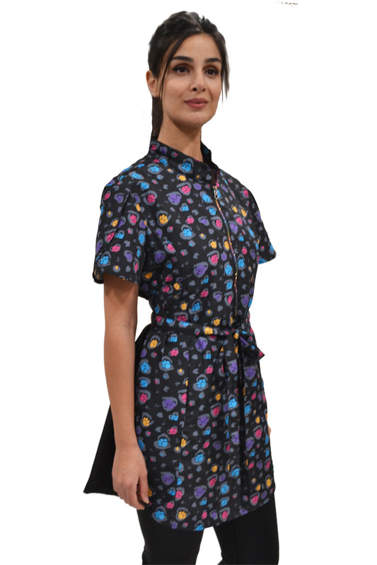 213- Rainbow Half Zipper Front Mini Paw Print Stylish Water Resistant Hair Resistant and Bleach Resistant Scrub Tunic For Pet Groomers