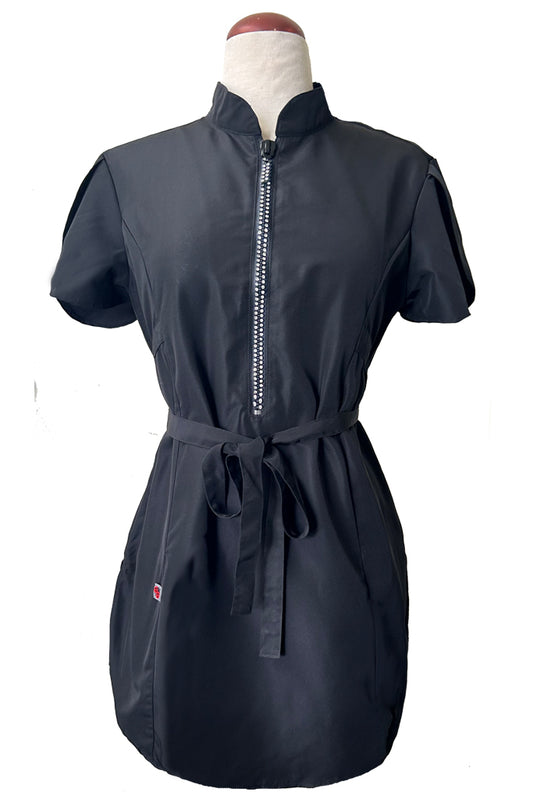 214 - Classic Black Rhinestone Half Zipper Front Stylist Water Resistant Hair Resistant and Bleach Resistant Scrub Tunic For Pet Groomers and Hair Stylists