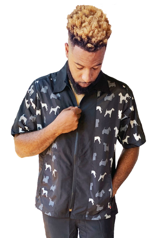 420 - Mens Terrier Print Accent Water Resistant Hair Resistant and Bleach Resistant Grooming Jacket