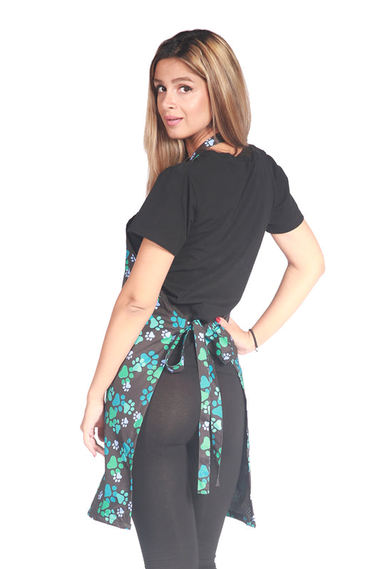 607 - Blue Paw Print Waterproof Hair Resistant and Bleach Resistant Bathing and Grooming Apron