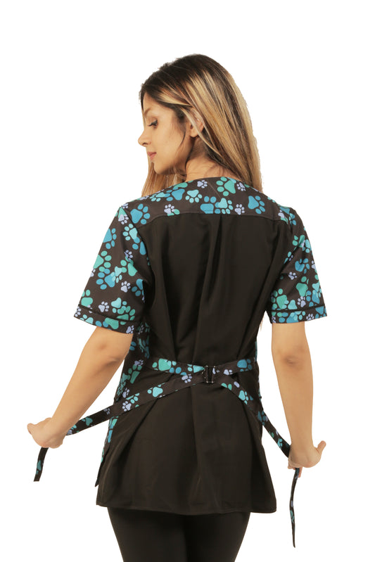 714 - Blue Paw Print Waterproof Hair Resistant and Bleach Resistant SOLID BACK Grooming Smock