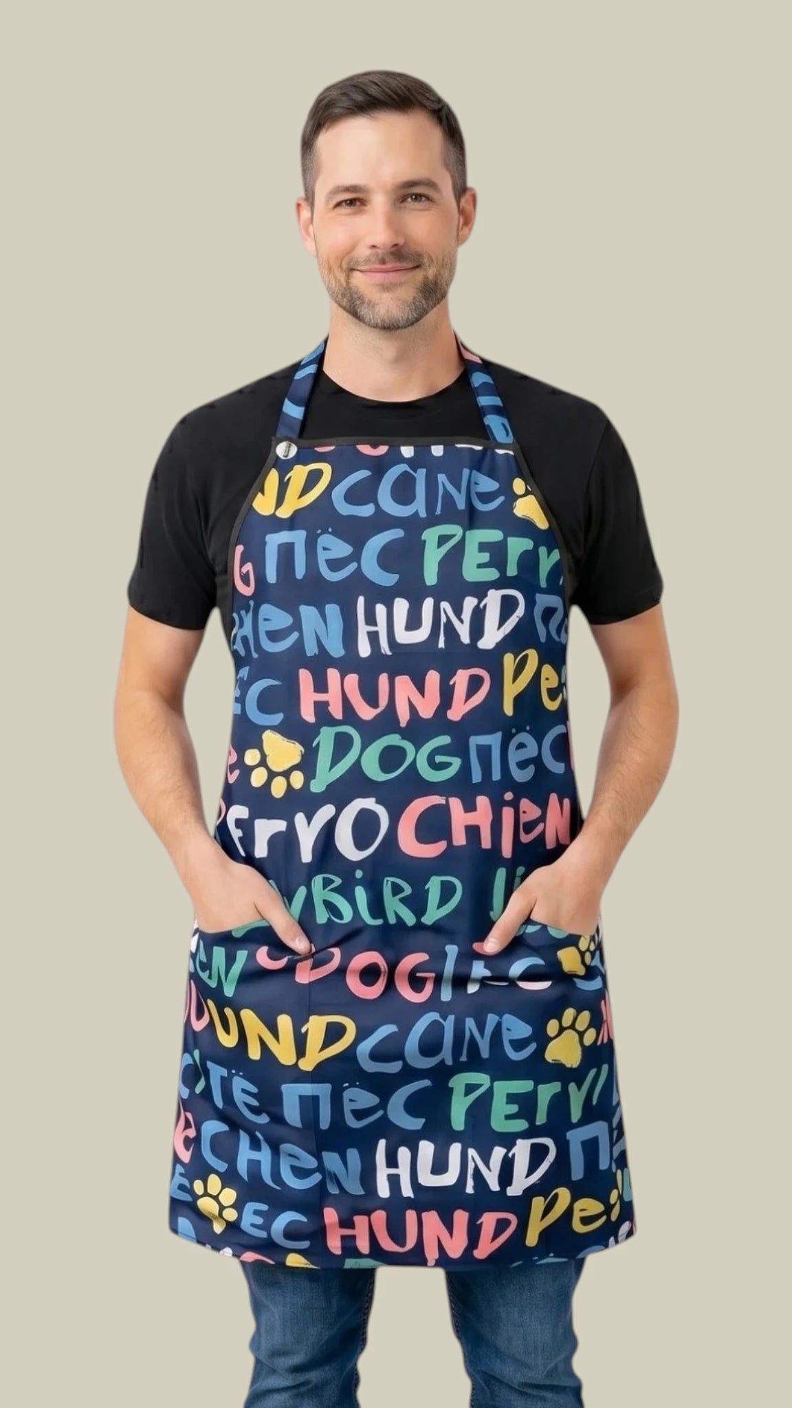 Front view of a dark-haired man posing with hands in pockets modeling the Ladybird Line 620 Unisex Universal Dog Print Waterproof & Bleach Resistant Grooming Apron, featuring a navy blue apron with colorful multilingual typography printing the word "dog" in various languages, adjustable neck band, and deep side pockets, worn over a black t-shirt and blue jeans against a light beige background.