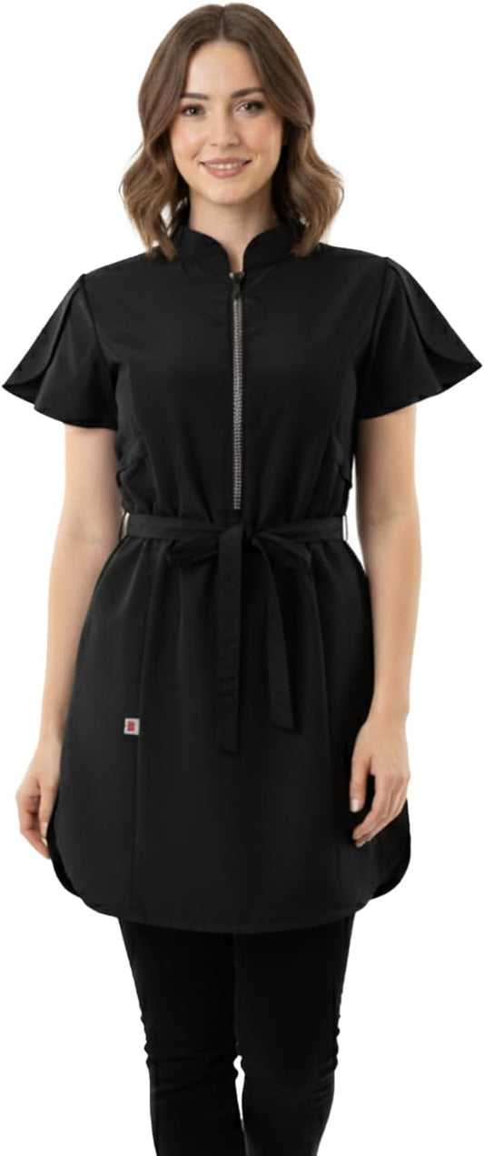 214 - Classic Black Rhinestone Half Zipper Front Stylist Water Resistant Hair Resistant and Bleach Resistant Scrub Tunic For Pet Groomers and Hair Stylists