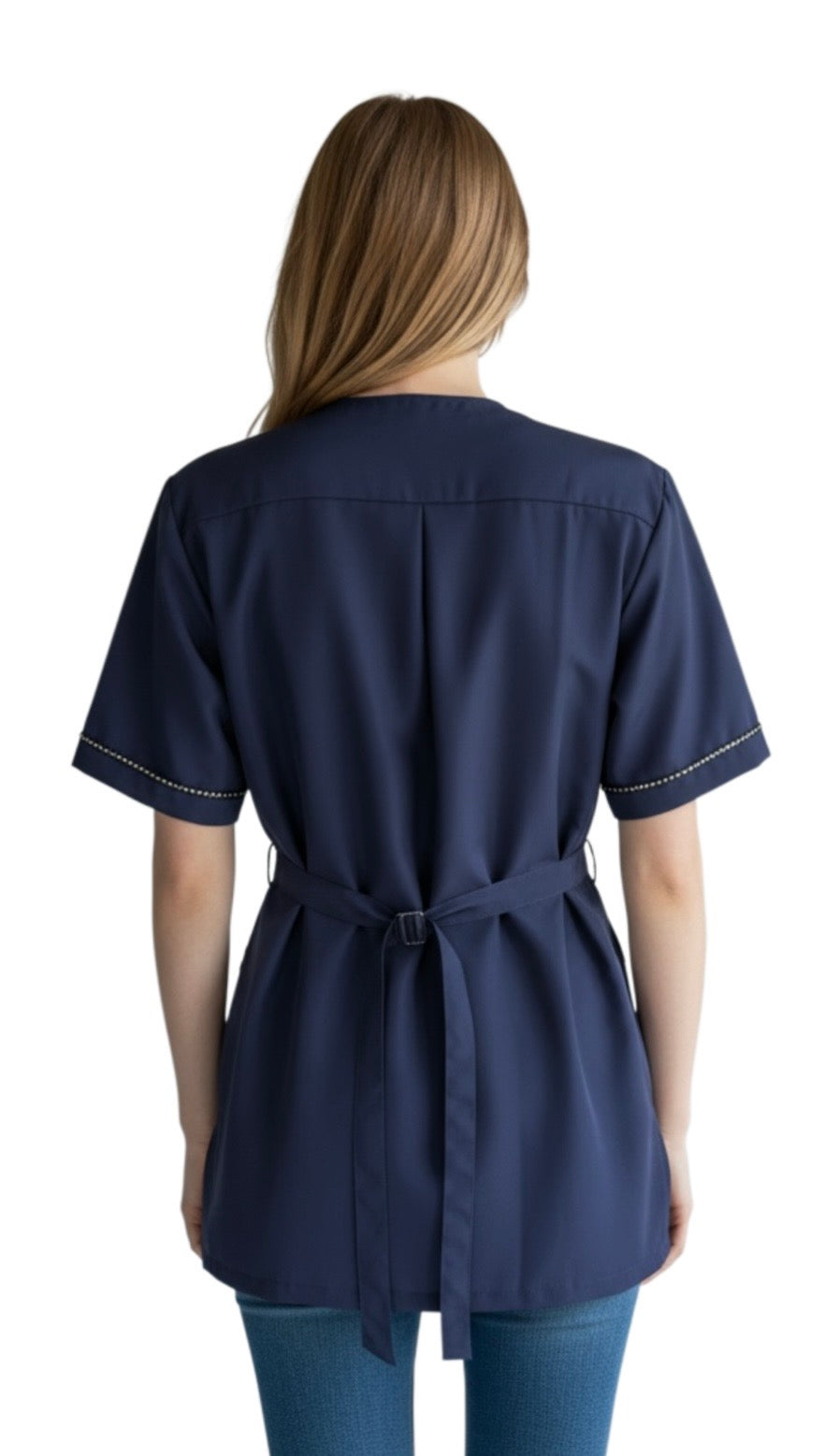 854- Navy Rhinestone Trim Water, Hair and Bleach Resistant Stylish Grooming and Styling Smock for groomers and hair stylists.
