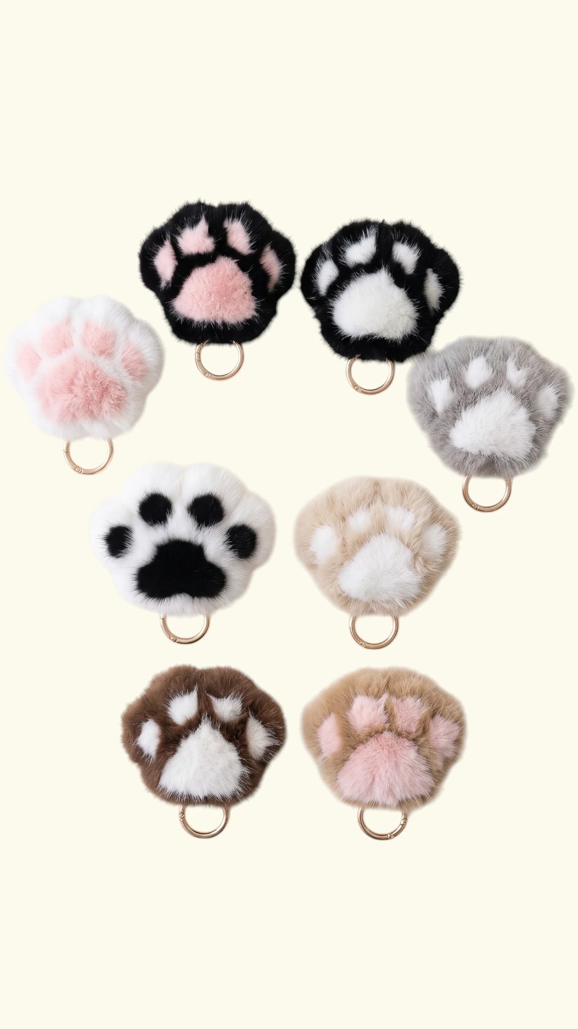 Ladybird Line plush faux fur dog paw keychains and bag charms in eight assorted two-tone colors arranged on a cream background