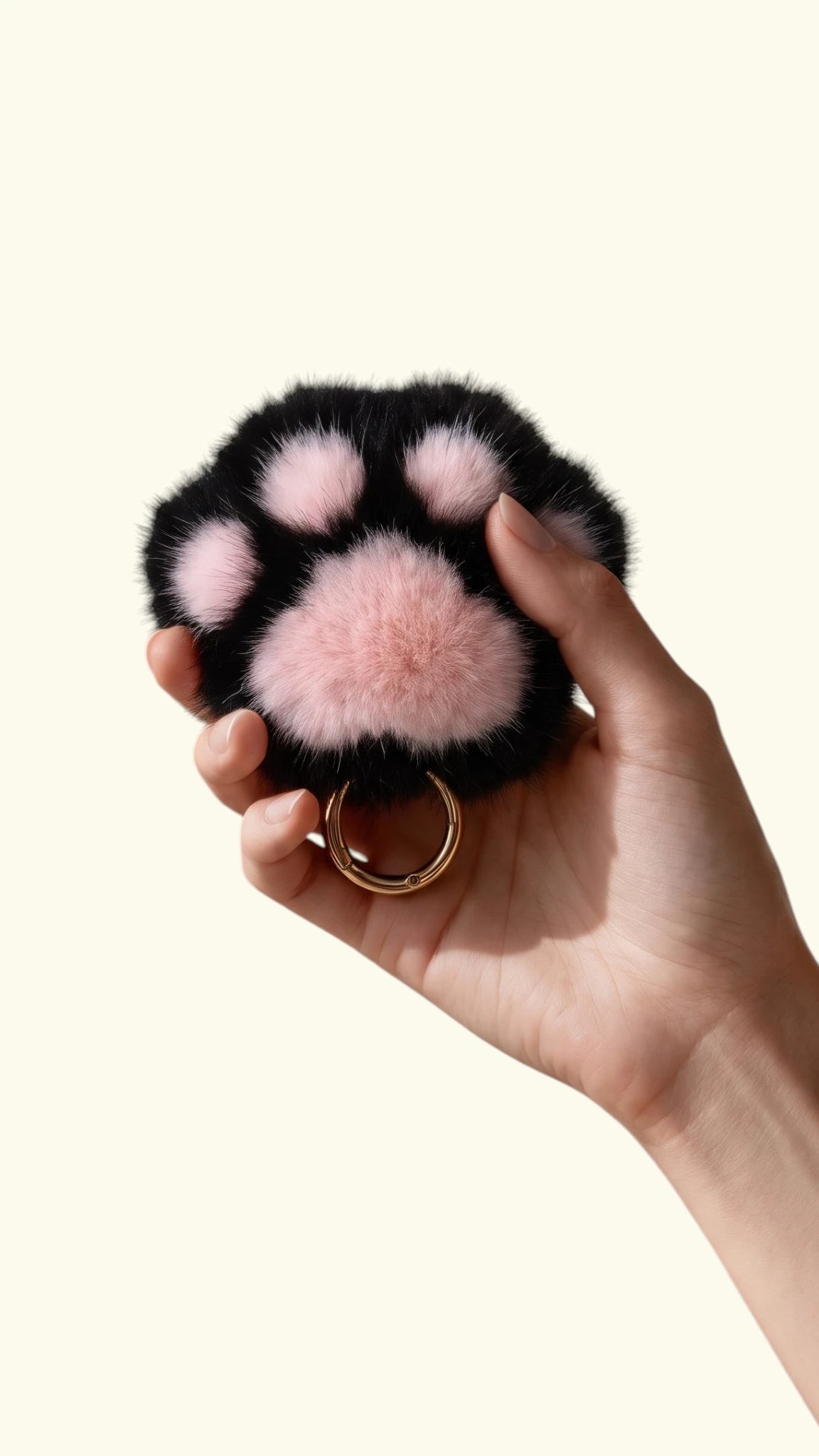 Hand holding a Ladybird Line black and pink fluffy plush dog paw keychain showing gold spring O-ring clip
