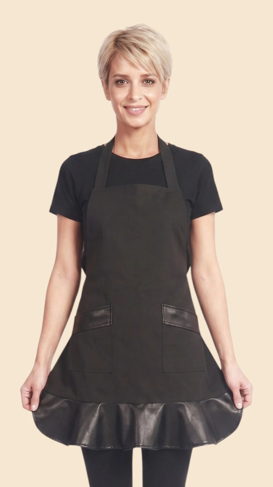 Front view of a blonde woman with short hair modeling the Ladybird Line 215 black stylist cocktail apron with faux leather trim and pleated bottom hem, worn over a black t-shirt against a solid light beige background.