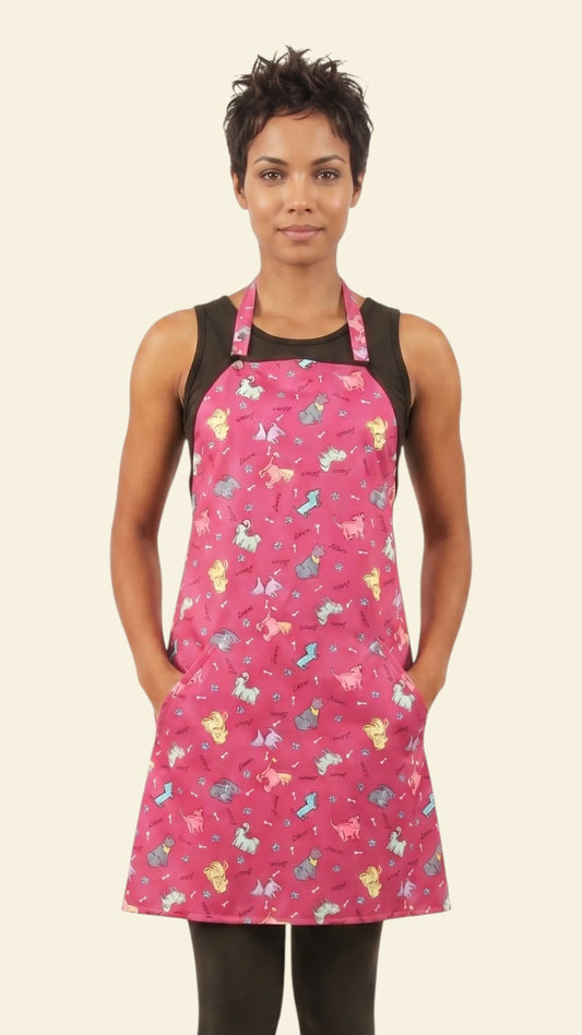 Three-quarter length front view of a smiling woman with short dark hair modeling the Ladybird Line 609 waterproof pet grooming apron in vibrant pink with an allover dog print pattern, with hands in pockets over a black top and dark pants against a light background.