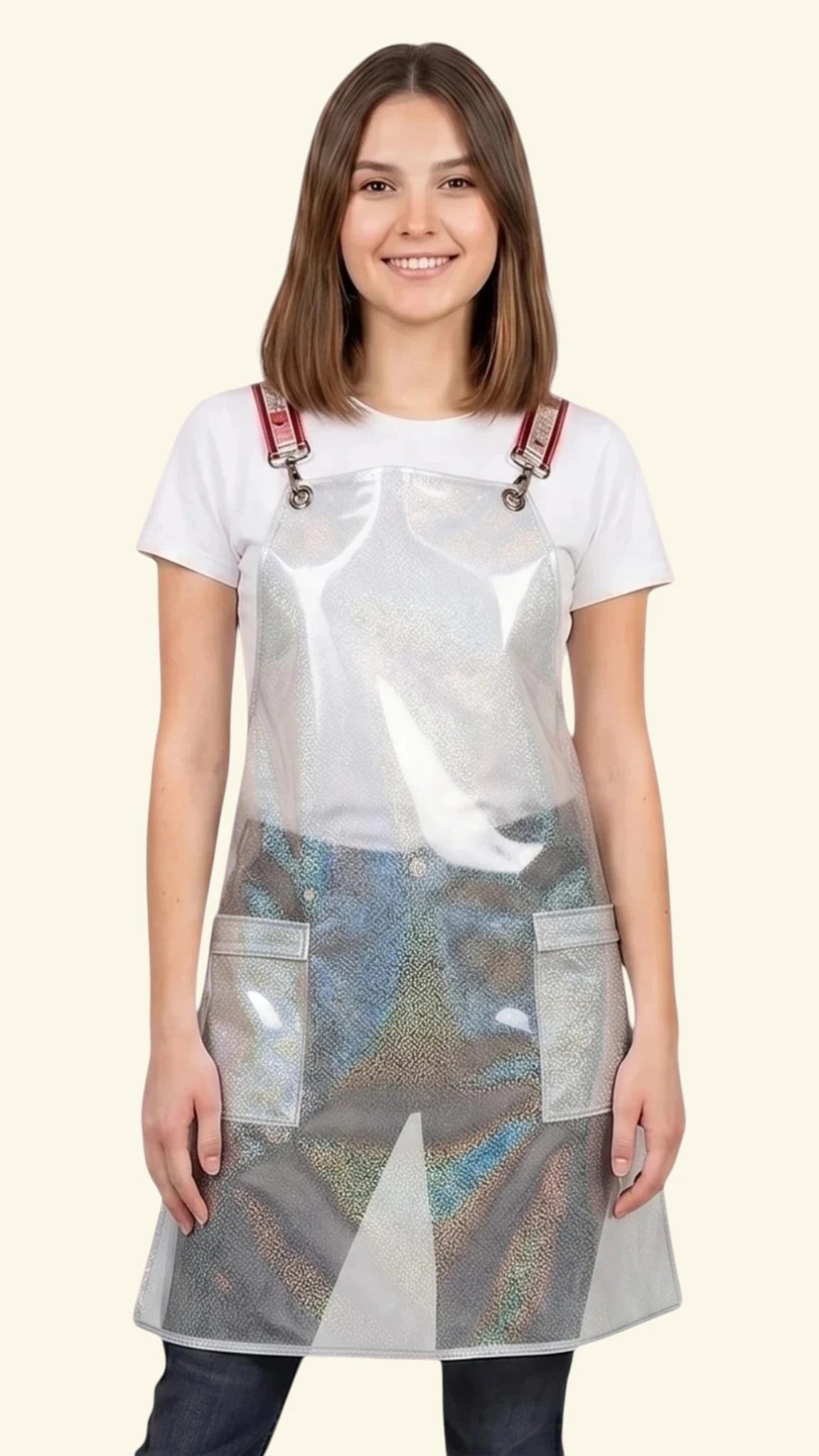 Front view of a young woman smiling while modeling the Ladybird Line 111 Waterproof Clear Sparkle Crossover Apron, featuring a clear sparkle plastic apron with red signature crossover straps and front pockets, worn over a white t-shirt and blue jeans against a light beige background.