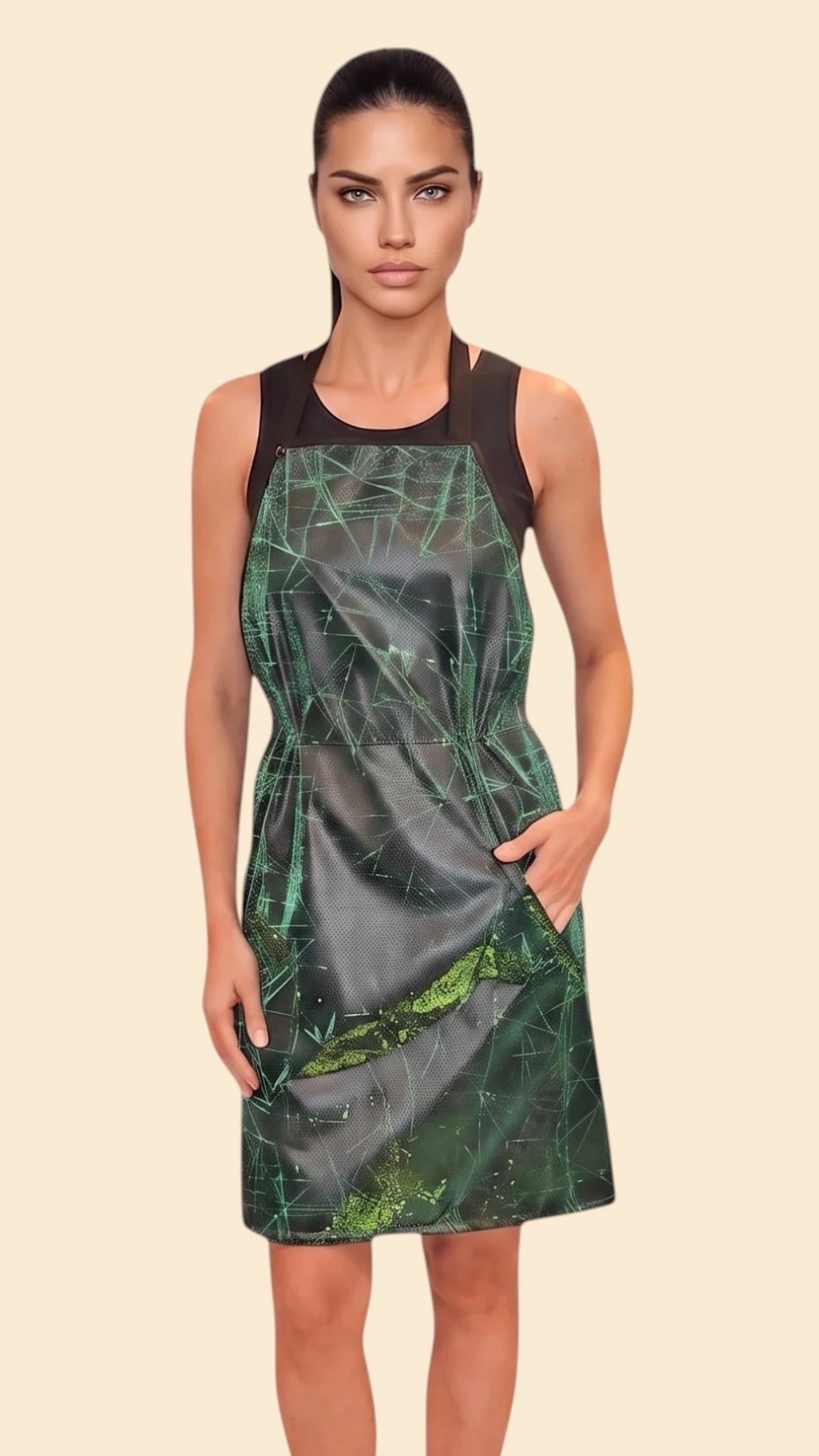 Front view of a dark-haired woman modeling the Ladybird Line 142 Green Sparkle Waterproof & Bleach Resistant Apron, featuring a dark metallic finish with vibrant green sparkle accents and deep side pockets, worn over a black top against a pale beige background.