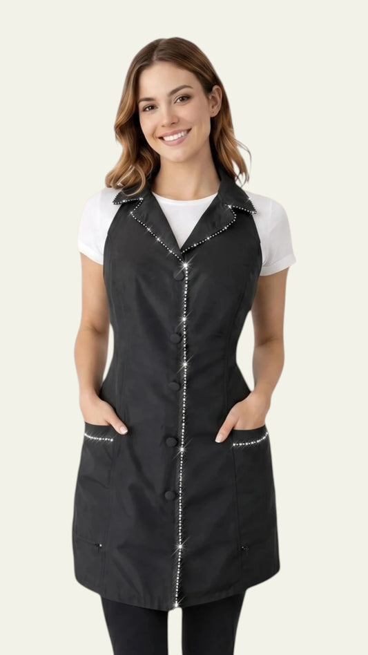 Front view of a smiling woman with shoulder-length brown hair modeling the Ladybird Line 260 Pro Rhinestone Jacket Water Resistant Styling Apron, featuring a black sleeveless vest-style apron with lapel collar and pocket trims lined with sparkling rhinestones, front button closures, and deep side pockets, worn over a white short-sleeve t-shirt against a solid light grey background.