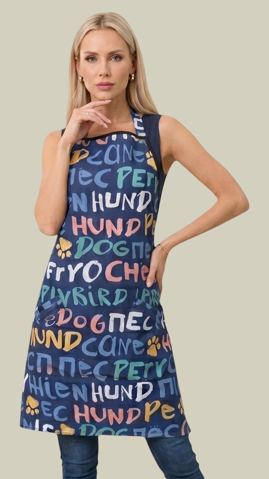 Front view of a blonde woman posing with hand on hip modeling the Ladybird Line 620 Unisex Universal Dog Print Waterproof & Bleach Resistant Grooming Apron, featuring a navy blue apron with colorful multilingual typography printing the word "dog" in various languages, adjustable neck band, back tie belt, and deep side pockets, worn over blue jeans against a light beige background.