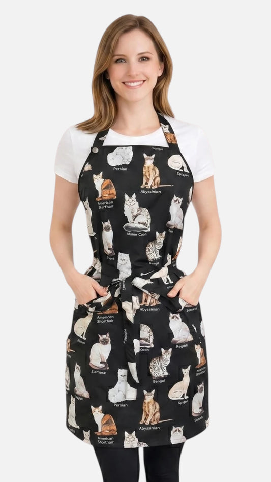 Front view of a light-brown-haired woman smiling while modeling the Ladybird Line 625 The Catty Groomer Waterproof & Bleach Resistant Grooming Apron, featuring a black apron with an all-over colorful cat breed print, front pockets, and adjustable straps, worn over a white t-shirt against a solid off-white background.