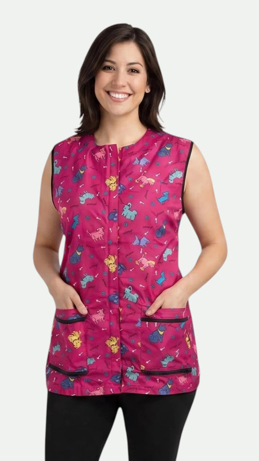Front view of a smiling woman with dark shoulder-length hair modeling the Ladybird Line 711 Pink Dog Design Waterproof & Bleach Resistant Mesh Back Grooming Vest, featuring a hot pink sleeveless grooming vest with a colorful dog silhouette print, covered front zipper, and deep flap pockets with black trim, worn over black pants against a solid light beige background.
