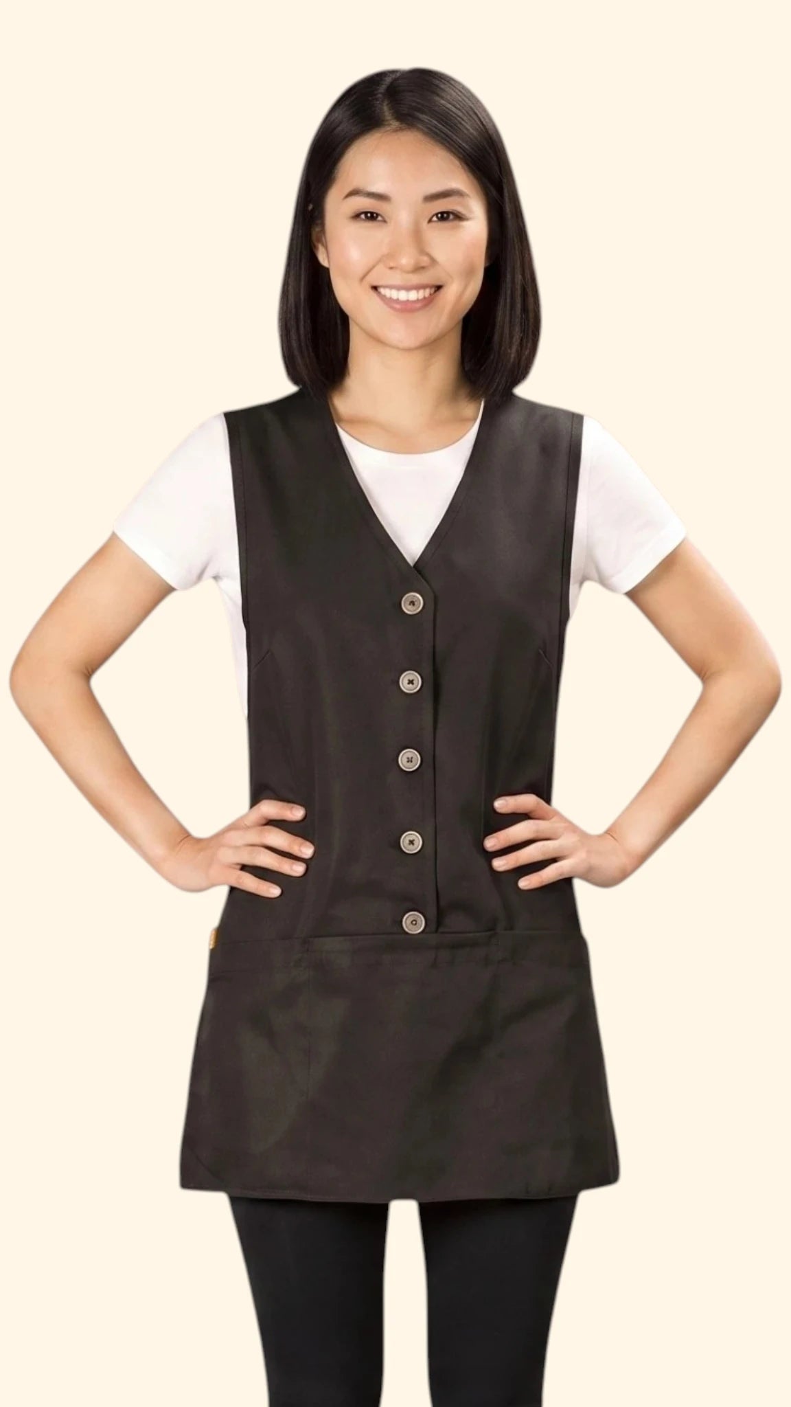Front view of a dark-haired woman posing with hands on hips modeling the Ladybird Line 750 Pro Apron Water Resistant & Bleach Resistant Cobbler Style Apron, featuring a sleeveless black cobbler apron with front button details and deep pockets, worn over a white t-shirt and black pants against a solid light beige background.