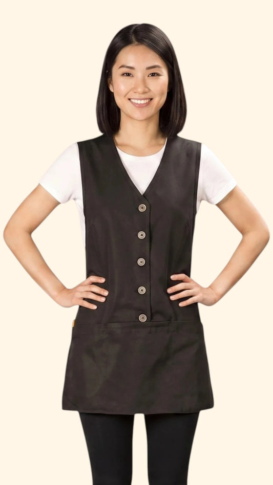 Front view of a dark-haired woman posing with hands on hips modeling the Ladybird Line 750 Pro Apron Water Resistant & Bleach Resistant Cobbler Style Apron, featuring a sleeveless black cobbler apron with front button details and deep pockets, worn over a white t-shirt and black pants against a solid light beige background.