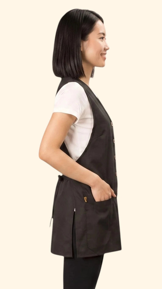 Side profile view of a dark-haired woman smiling while modeling the Ladybird Line 750 Pro Apron Water Resistant & Bleach Resistant Cobbler Style Apron, showing the open side panels, adjustable side tie belt, and deep front pocket, worn over a white t-shirt and black pants against a light beige background.