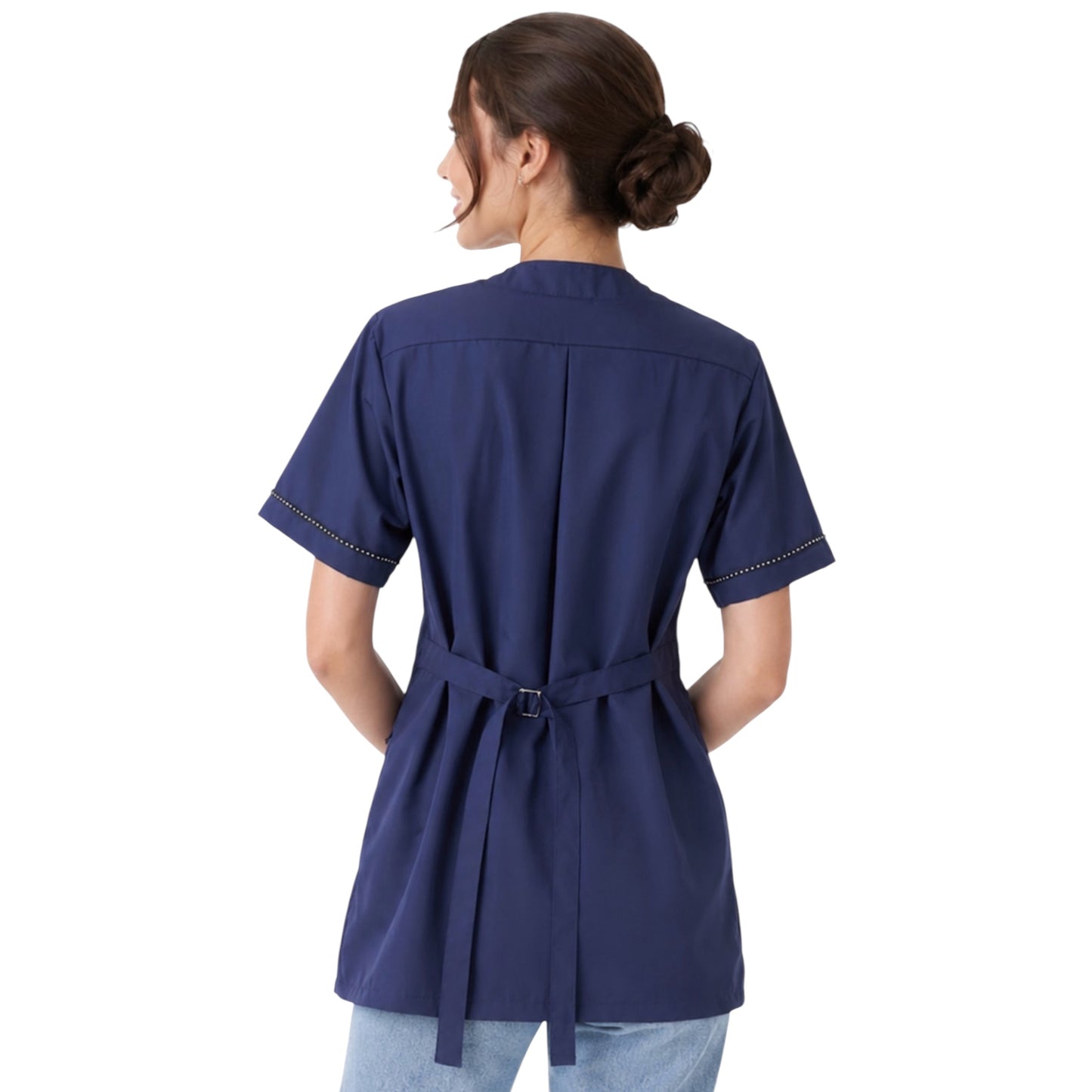 854- Navy Rhinestone Trim Water, Hair and Bleach Resistant Stylish Grooming and Styling Smock for groomers and hair stylists.
