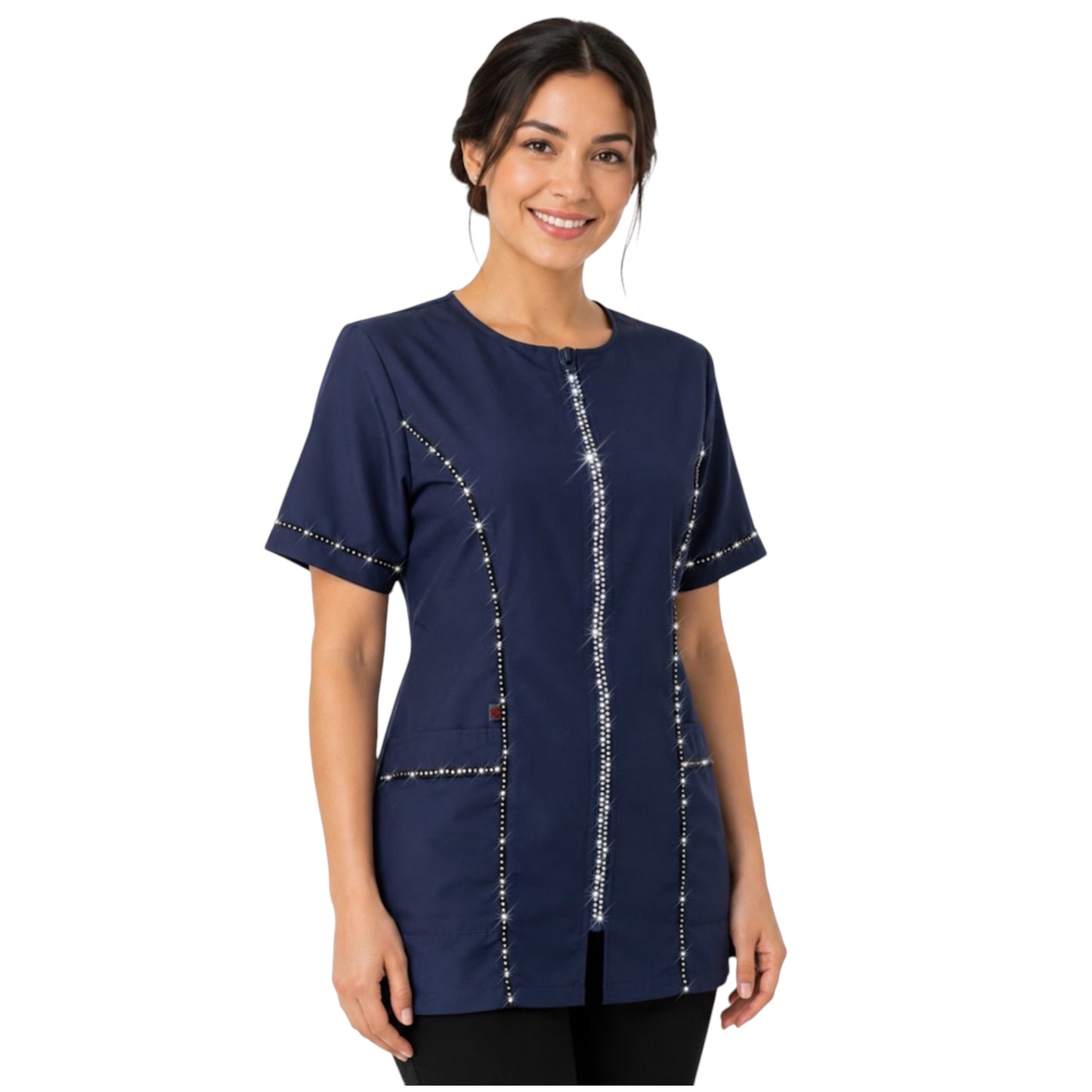 854- Navy Rhinestone Trim Water, Hair and Bleach Resistant Stylish Grooming and Styling Smock for groomers and hair stylists.