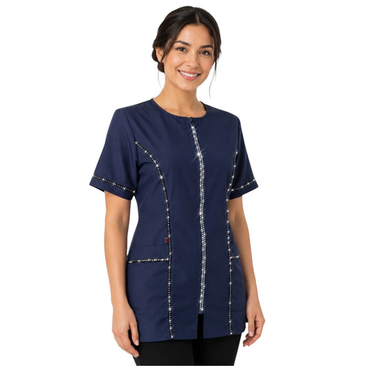854- Navy Rhinestone Trim Water, Hair and Bleach Resistant Stylish Grooming and Styling Smock for groomers and hair stylists.