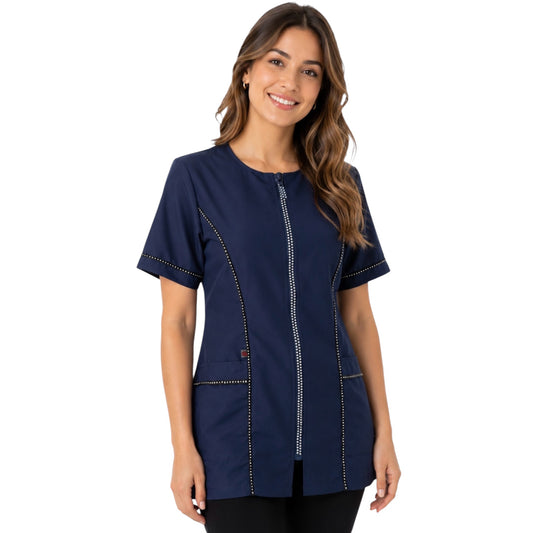 854- Navy Rhinestone Trim Water, Hair and Bleach Resistant Stylish Grooming and Styling Smock for groomers and hair stylists.