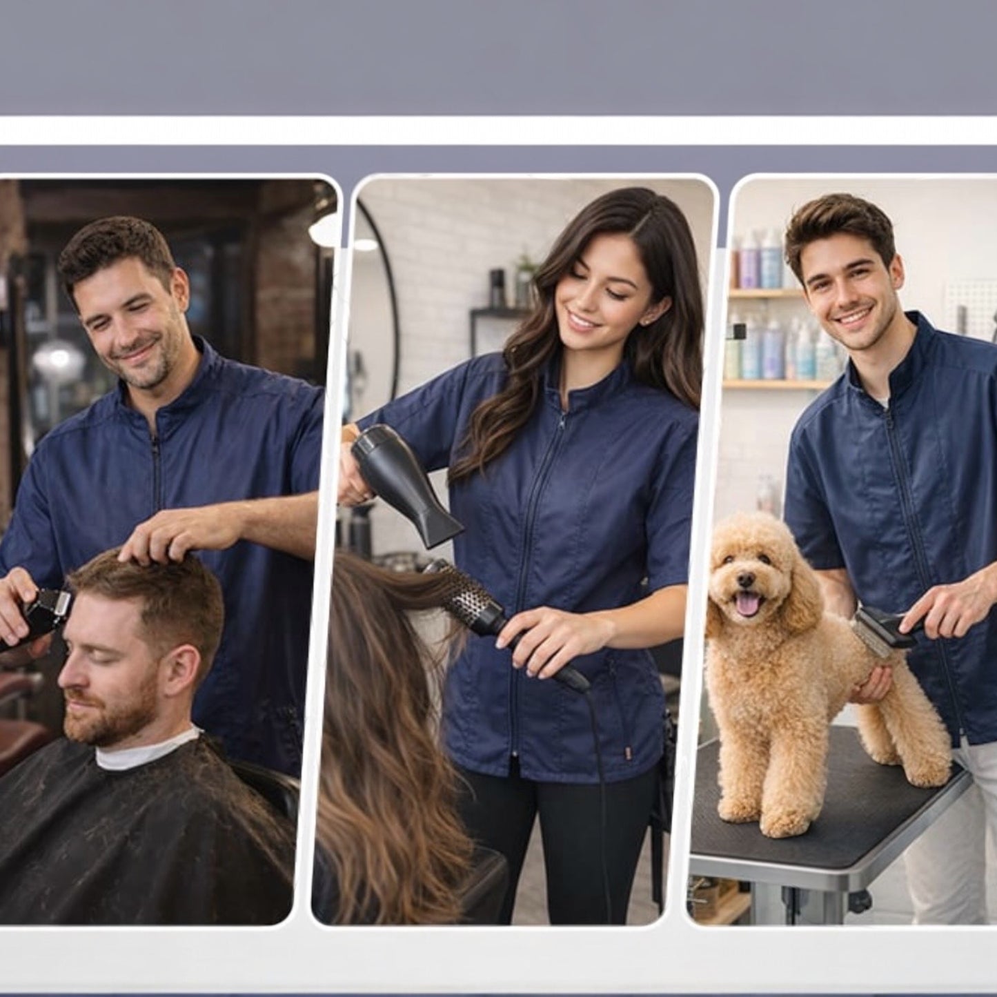 427 -  Navy Mandarin Collar Tailored Fit Water, Bleach and Hair Resistant Grooming and Barber Jacket