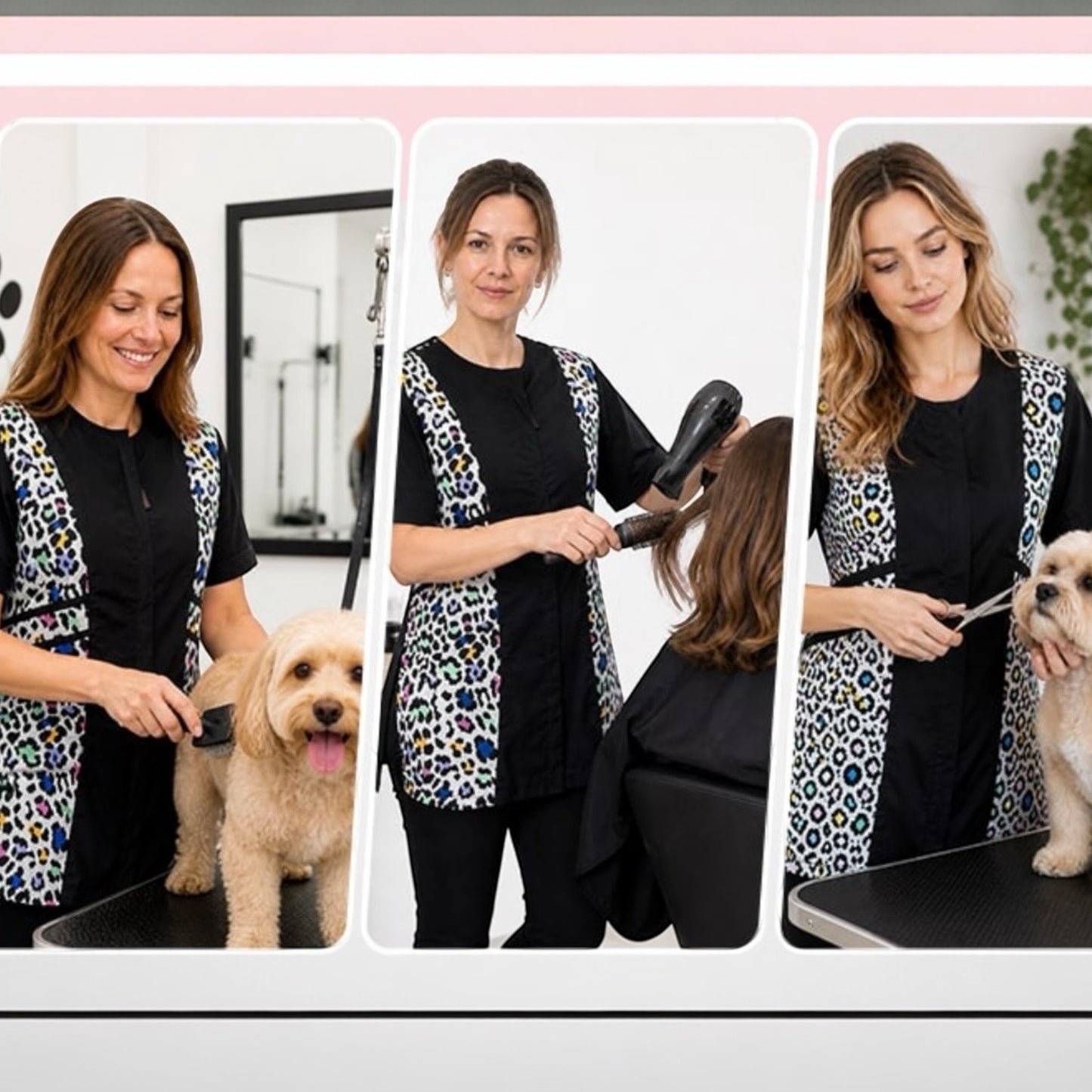 737- Multi Color Leopard Color Block Waterproof Grooming Smock