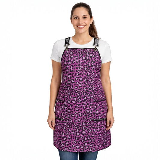138-  Pink Leopard Print Waterproof Signature Strap Crossover Apron
